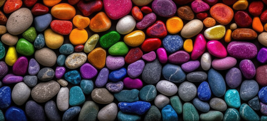 Fototapeta na wymiar Colorful rock or pebbles with some real life colored ones. wide format. Generative AI. 