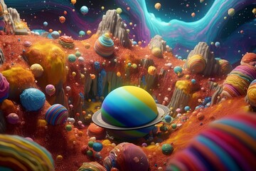 Obraz na płótnie Canvas Childrens fantasy tale with planets and space dynamic. Generative Ai.