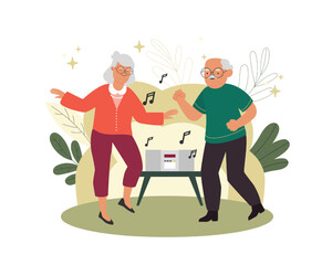Old people having active lifestyle, spending time together. Elderly men and women dancing and having fun. Happy old age. Leisure time with pet. Vector flat illustration in green colors