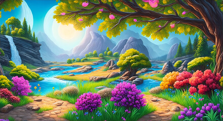 Fototapeta na wymiar landscape with flowers and trees