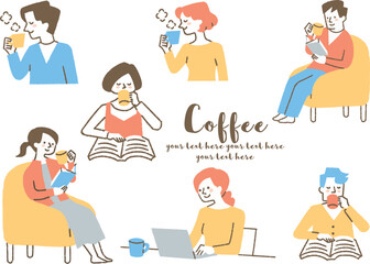コーヒーを飲む人たちのセット_色