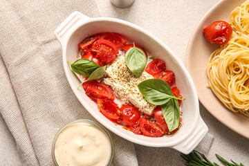Baking dish with tasty tomatoes, feta cheese and pasta on light background