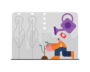 Male character plants and waters tree seedlings. Restoration of ecosystem by hands of activists. Caring for nature. Positive influence on atmosphere of gassed city. Planting trees to clean air