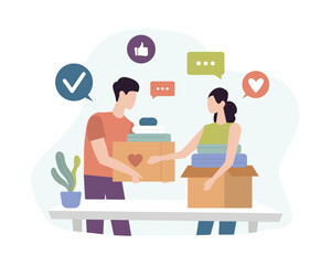 Fototapeta premium Activists pack clothes and bedding for needy. Volunteers sort charity aid into boxes. Caring for those in need. Friendly communication and support. Charity and donations