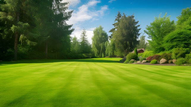 Beautiful wide format image of a manicured country lawn surrounded by trees and shrubs on a bright summer day. Spring summer nature.