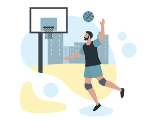Man in knee pads plays basketball. Male character throws ball into basket. Active games on city sports ground. Regular training. Healthy and active lifestyle