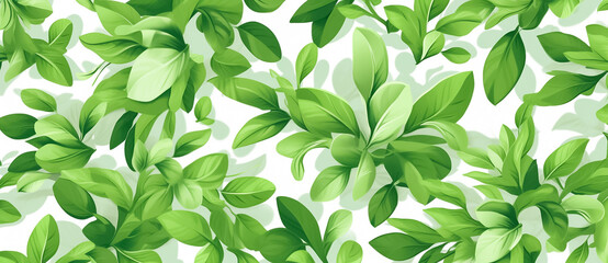 Digital Drawing and Painting of Delicate green leaves elegantly scattered among a pristine white background, evoking a sense of serenity and natural beauty. generative AI.