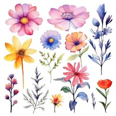 Watercolor flowers. Set Watercolor of multicolored colorful soft flowers. Flowers are isolated on a white background. Flowers pastel colors. generative ai