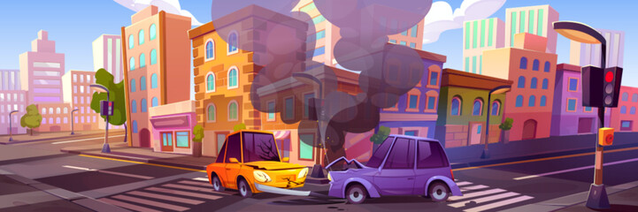 Car accident on city street corner. Vector cartoon illustration of two smashed autos standing on downtown road after bumper collision, oil stain on asphalt, smoke in air. Traffic rules violation