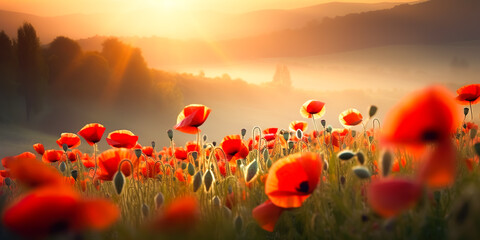 Obraz premium Selcetive focus.red poppie blooming flower with meadow and mountain view.nature landscape background.generative ai art