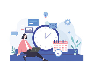Application for planning work schedule. To do list for day, week, month. Woman improving productivity and efficiency when working. Color vector illustration