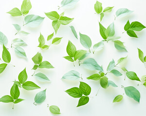 Fototapeta na wymiar Delicate green leaves elegantly scattered among a pristine white background, evoking a sense of serenity and natural beauty. generative AI.