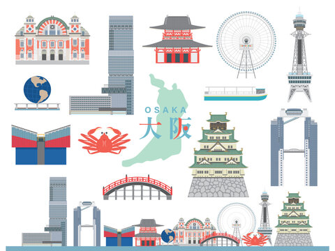 大阪　観光名所イラストセット