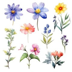 Watercolor flowers. Set Watercolor of multicolored colorful soft flowers. Flowers are isolated on a white background. Flowers pastel colors. generative ai