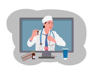 Online doctor consultation. Pharmacist explains features of taking pills. Video meeting with medical worker. Internet treatment and checkup. Vector color character