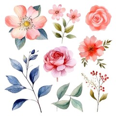 Watercolor flowers. Set Watercolor of multicolored colorful soft flowers. Flowers are isolated on a white background. Flowers pastel colors. generative ai
