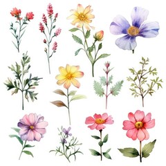 Watercolor flowers. Set Watercolor of multicolored colorful soft flowers. Flowers are isolated on a white background. Flowers pastel colors. generative ai