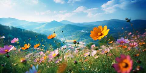 Obraz na płótnie Canvas Selcetive focus.multicolor of cosmos blooming flower with meadow and mountain view.nature landscape background.generative ai art