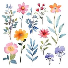 Watercolor flowers. Set Watercolor of multicolored colorful soft flowers. Flowers are isolated on a white background. Flowers pastel colors. generative ai