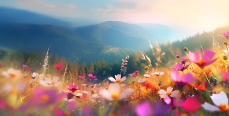 Selcetive focus.multicolor of cosmos blooming flower with meadow and mountain view.nature landscape background.generative ai art