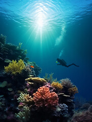 Fototapeta na wymiar Coral reef and diver in the deep sea