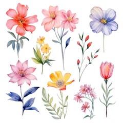 Watercolor flowers. Set Watercolor of multicolored colorful soft flowers. Flowers are isolated on a white background. Flowers pastel colors. generative ai