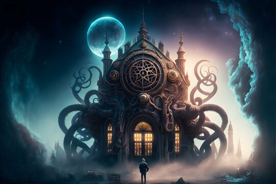 a traked steampunk church with a lot of ancient symbols with mechanic tubes like tentacles connected to alien heads to tranfer informations into their brains rendered in photorealistic quality with 