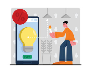 Online shopping for household items. Search for items for home through Internet. Male character buys light bulbs through app on his phone. Purchase of consumables at discount