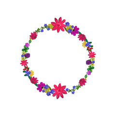 Wreath watercolor frame. Bright composition of leaves and colorful flowers. Suitable for the design of printing products, greeting cards, congratulations and holidays. summer flowers