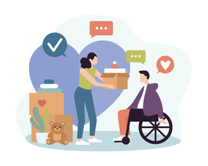 Woman brought charitable donation to man in wheelchair. Volunteer helps disabled people at home. Female vector character is engaged in targeted delivery of charity aid. Charity and donations