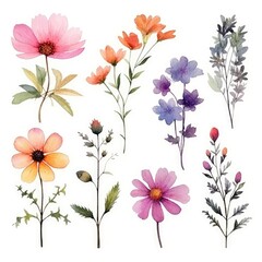 Watercolor flowers. Set Watercolor of multicolored colorful soft flowers. Flowers are isolated on a white background. Flowers pastel colors. generative ai