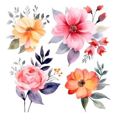 Watercolor flowers. Set Watercolor of multicolored colorful soft flowers. Flowers are isolated on a white background. Flowers pastel colors. generative ai