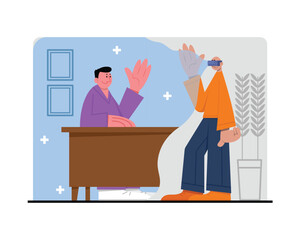 Doctor meets patient via video call and VR technology. Remote medical consultation using Internet connection. Make diagnosis online. Vector flat illustration in blue and orange colors