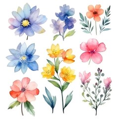 Watercolor flowers. Set Watercolor of multicolored colorful soft flowers. Flowers are isolated on a white background. Flowers pastel colors. generative ai