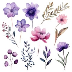 Watercolor flowers. Set Watercolor of multicolored colorful soft flowers. Flowers are isolated on a white background. Flowers pastel colors. generative ai