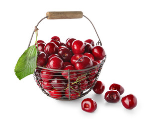 Basket with sweet cherries on white background