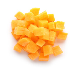 Pieces of fresh carrots on white background