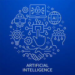 Artificial intelligence banner template with linear icons. Set of machine earning, innovation, brain, network and others.