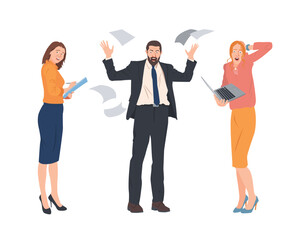 Fototapeta na wymiar Vector characters angry because of late work. Man throws documents into air, woman writes down remarks in notebook. Increasing productivity and efficiency in business