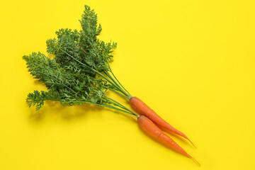 Fresh carrots with leaves on yellow background