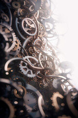 Gears, many watch gears and parts, concept of teamwork created with generative AI.