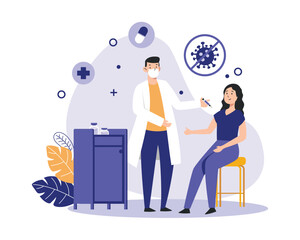 Medical worker gives injection to woman. Adult vaccination. Anti epidemic measures. Booster dose. Protection from pandemic outbreak. Color illustration in flat style