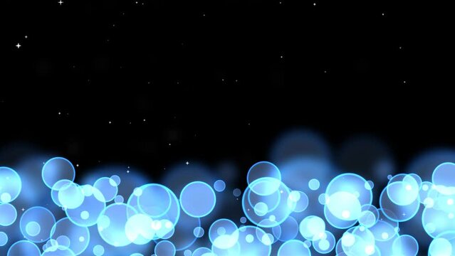 Circle bubles glow aqua blue random size and moving with white stars on the black screen