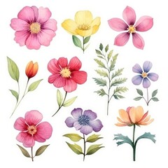 Watercolor flowers. Set Watercolor of multicolored colorful soft flowers. Flowers are isolated on a white background. Flowers pastel colors. 