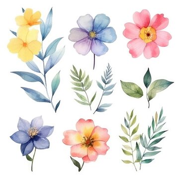 Watercolor flowers. Set Watercolor of multicolored colorful soft flowers. Flowers are isolated on a white background. Flowers pastel colors. © Nikolai