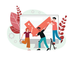 Result of teamwork. Successful completion of project. Getting promotion at work. Group of young people celebrate their achievement. Color vector illustration