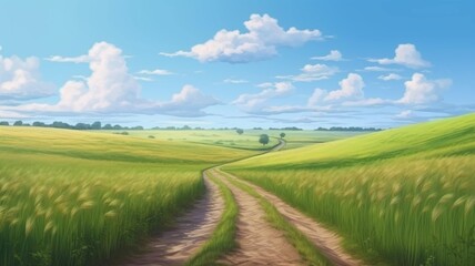 Fototapeta na wymiar Rustic dirt scenic road with green grass and skyline with blue sky. AI generated