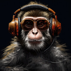 Chimpanzee with glasses and headphones. Concept art. Generative AI.