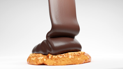 3d rendering chocolate cream poring on top the biscuit on white background.