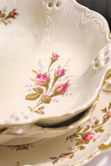 Fototapeta na wymiar Classic rose collection. Rosenthal group germany vintage tea sets with embossed patterns and roses